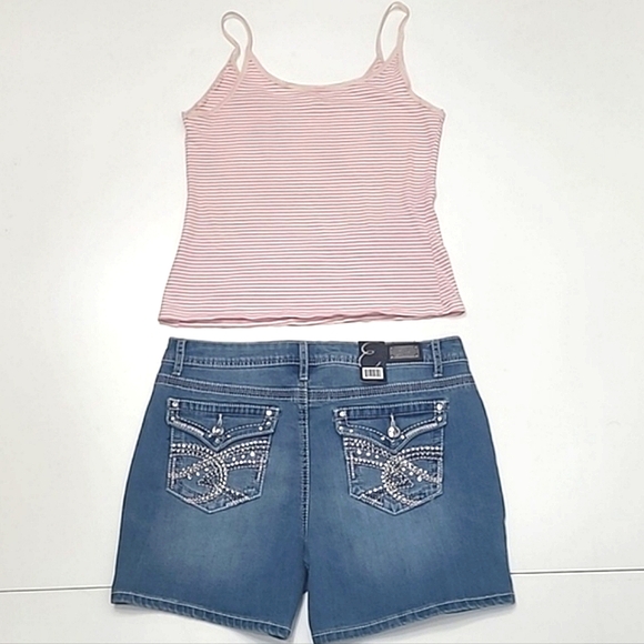 Earl Jeans Denim Shorts High Waist Rise Distressed Mid Length Gems Patch Pockets - Picture 8 of 17